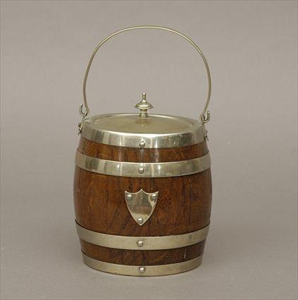 Appraisal: English Metal-Banded Oak Biscuit Barrel