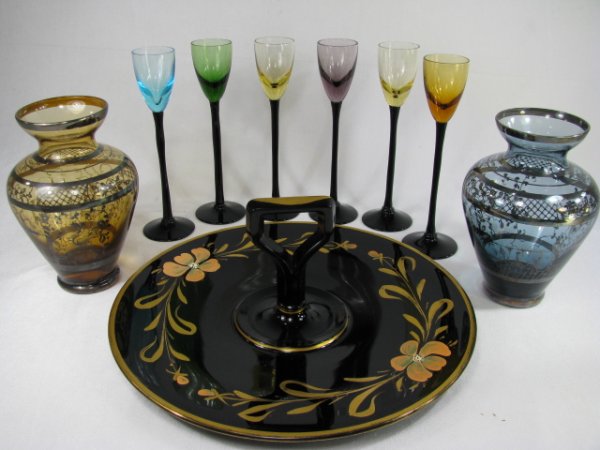 Appraisal: Lot of nine pieces Six long stem colored glass cordials