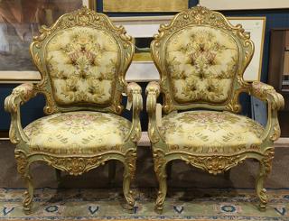 Appraisal: Pair of Italian salon chairs Pair of Italian partial gilt