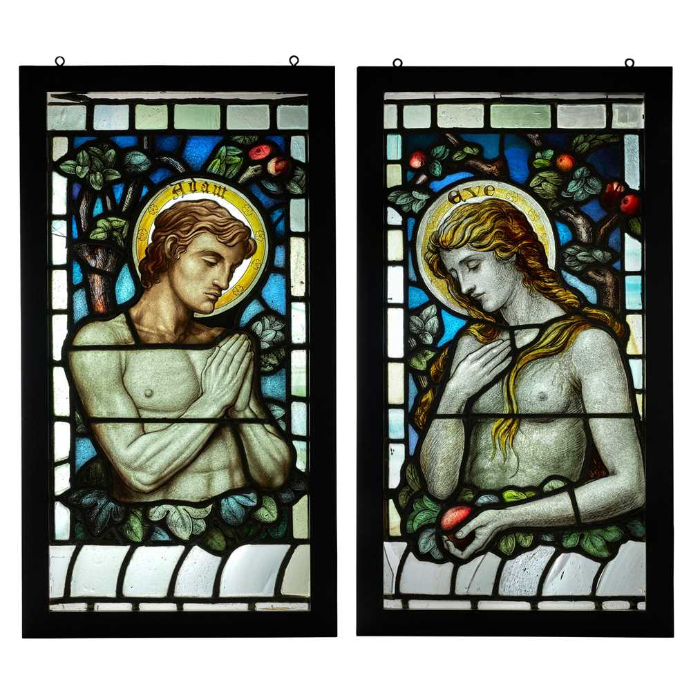 Appraisal: ENGLISH 'ADAM' 'EVE' PAIR OF ARTS CRAFTS PANELS CIRCA stained