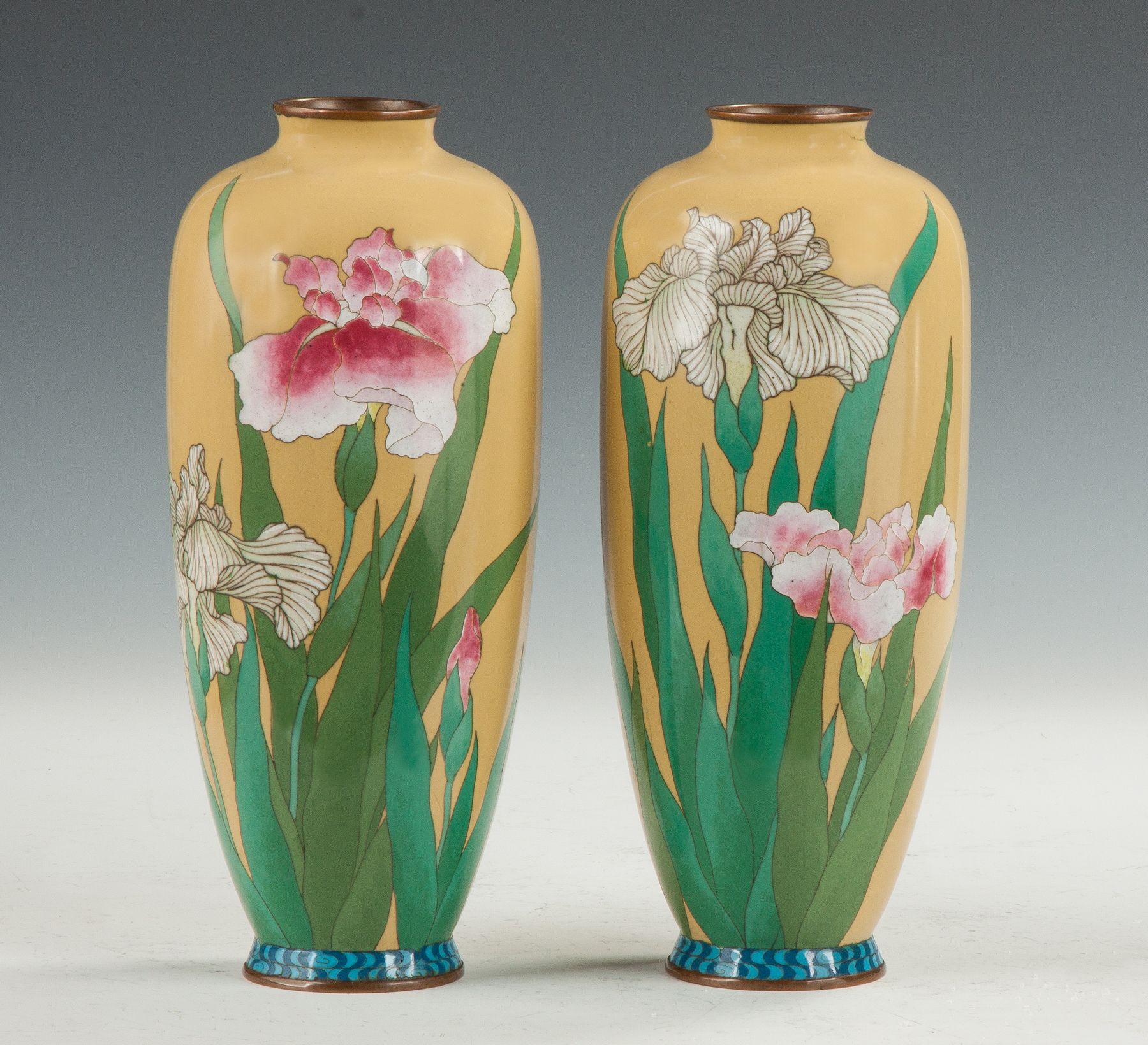 Appraisal: Pair of Japanese Cloisonne Vases with Iris Sgn