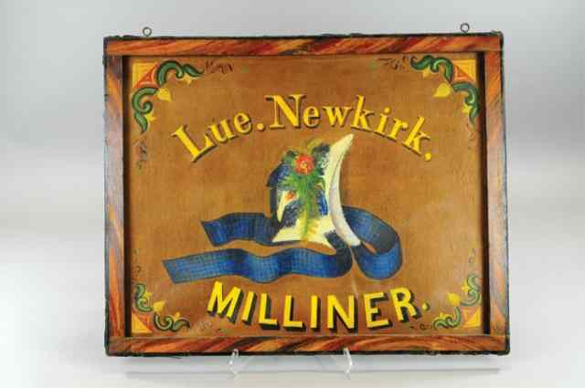 Appraisal: 'LUE NEWKIRK MILLINER'' SIGN c hand painted on canvas wood