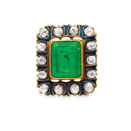 Appraisal: Antique Gold Emerald Diamond and Blue Enamel Ring Estimate -