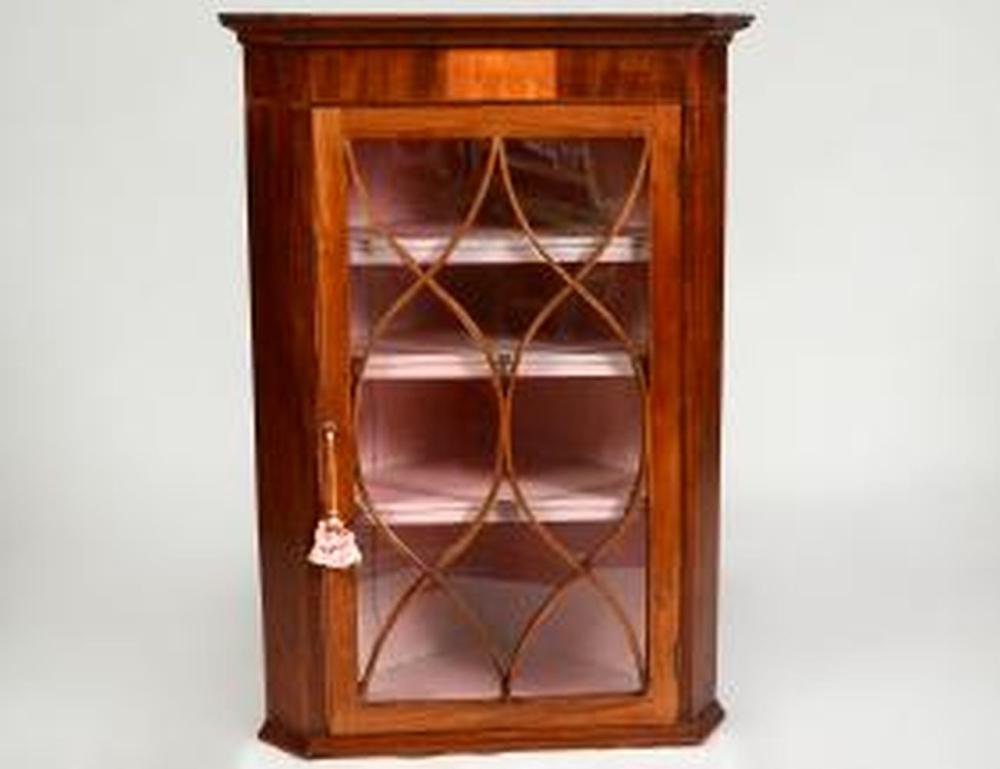 Appraisal: GEORGE III INLAID MAHOGANY HANGING CORNER CABINETCirca With an overhanging