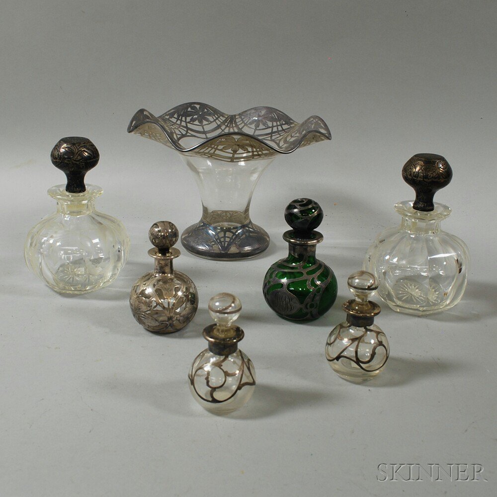 Appraisal: Seven Mostly Silver Overlay Glass Vessels th century a ruffled