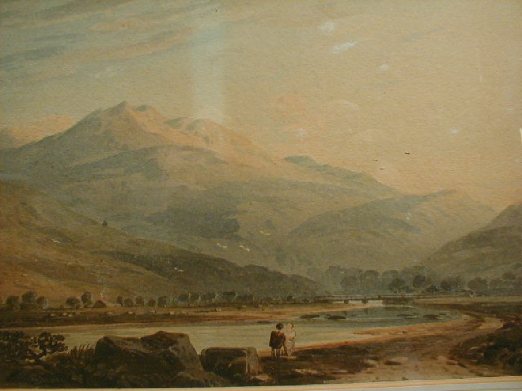 Appraisal: John Varley Figures in a landscape with river and mountains