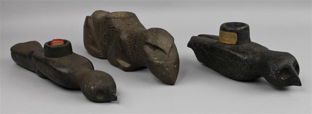 Appraisal: THREE STEATITE ANIMAL EFFIGY PIPES th C reproductions two bird