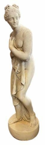 Appraisal: Cast stone garden statuary th c semi-clad Pandora figure with