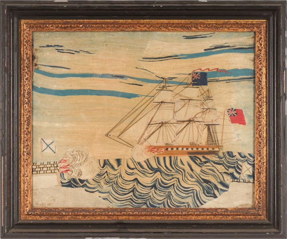 Appraisal: ENGLISH WOOLWORK PICTURE OR WOOLIE th century depicting a ship