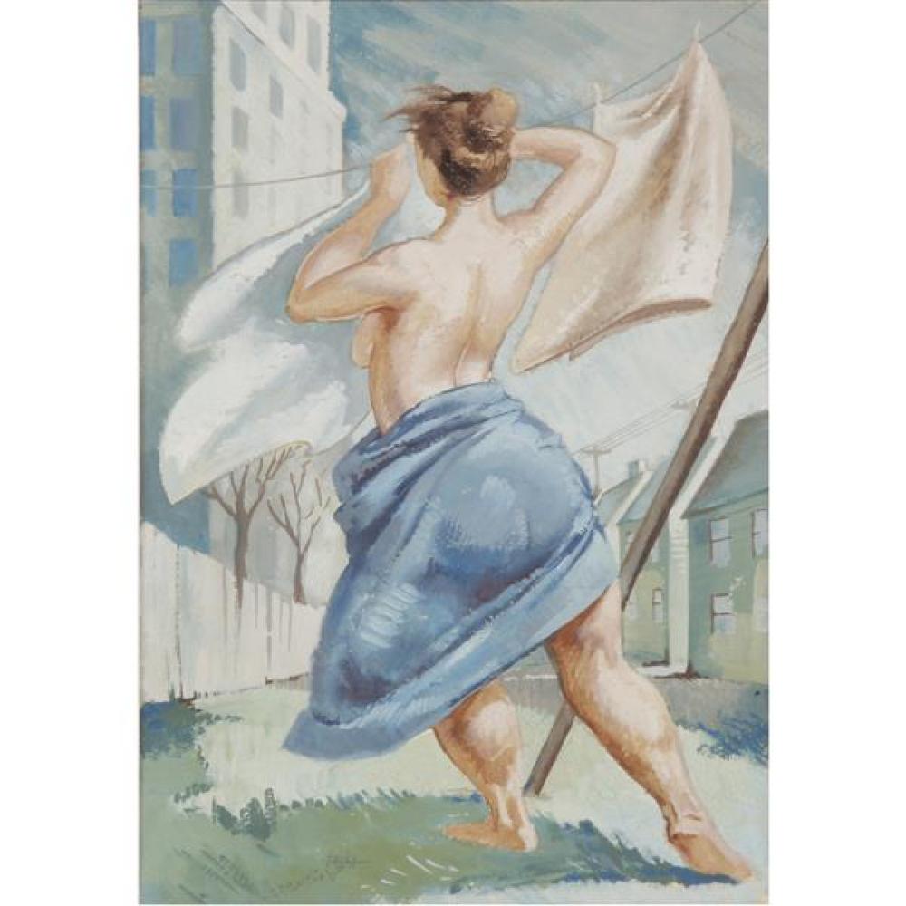 Appraisal: AMERICAN TH CENTURY SEMI NUDE WOMAN HANGING LAUNDRY REGIONALIST PAINTING