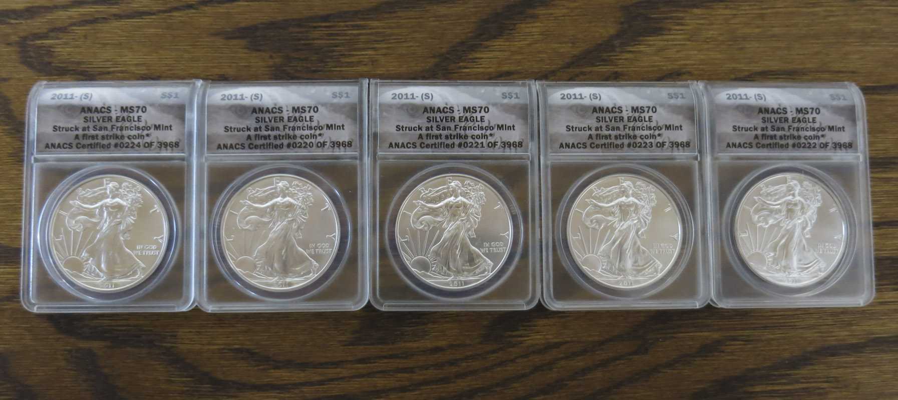 Appraisal: FIVE AMERICAN EAGLE SILVER DOLLARS all -S all ANACS certified