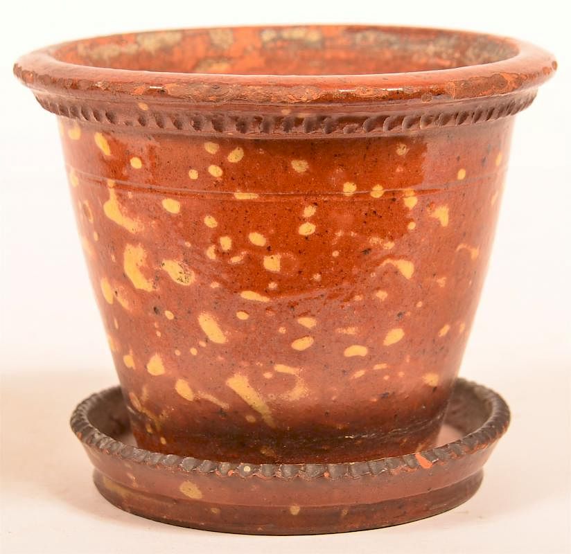 Appraisal: Speckle Glazed Redware Pottery Flower Pot th Century Speckle Glazed