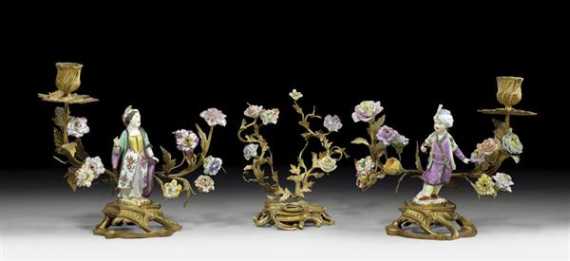 Appraisal: DESK SET WITH PORCELAIN FIGURES AND FLOWERS late Louis XV