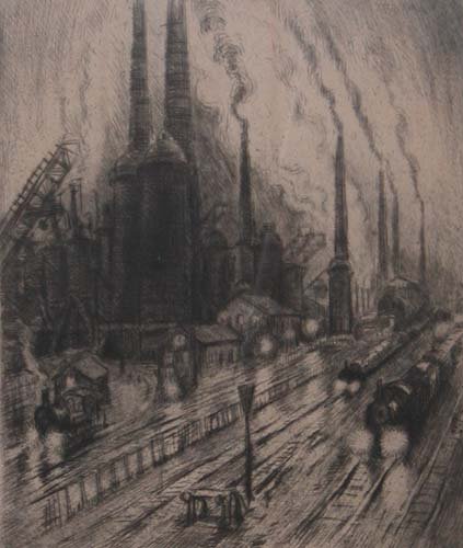 Appraisal: Blast Furnaces in Town at Night circa drypoint etching on