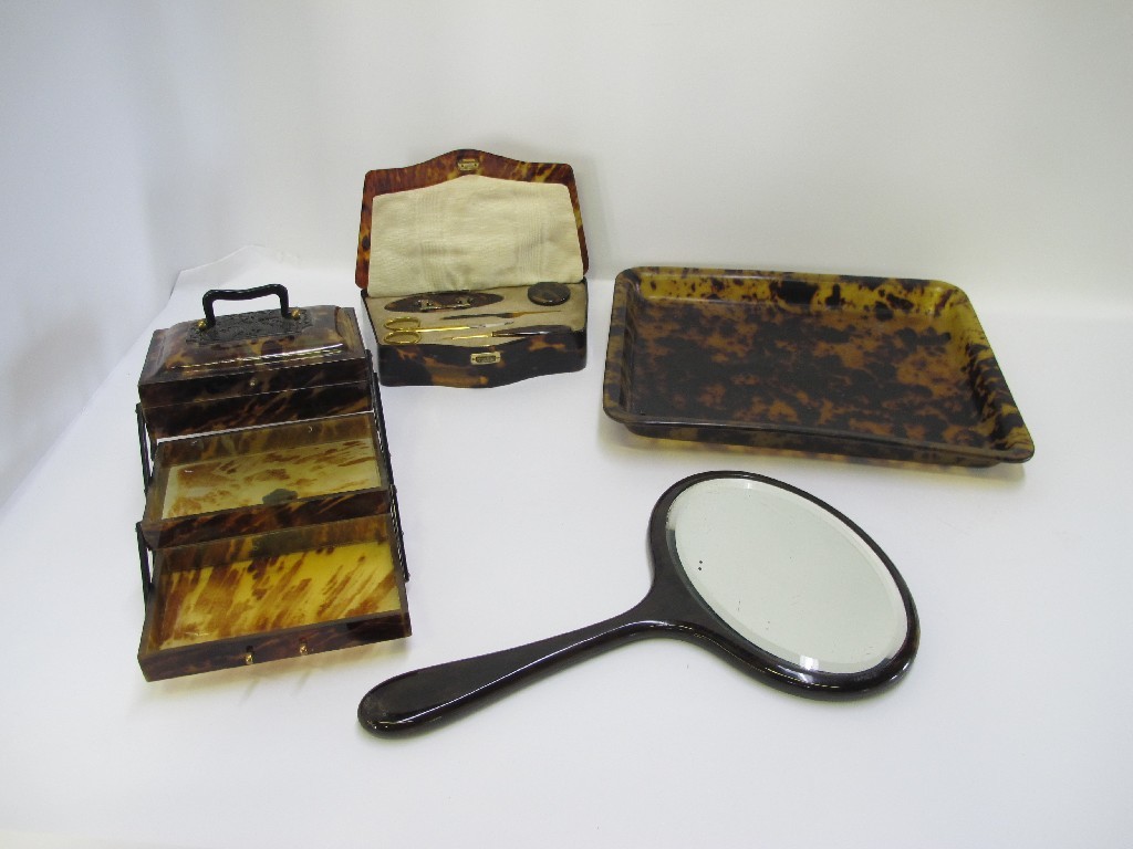 Appraisal: Chinese tortoiseshell jewellery box another box hand mirror and tray