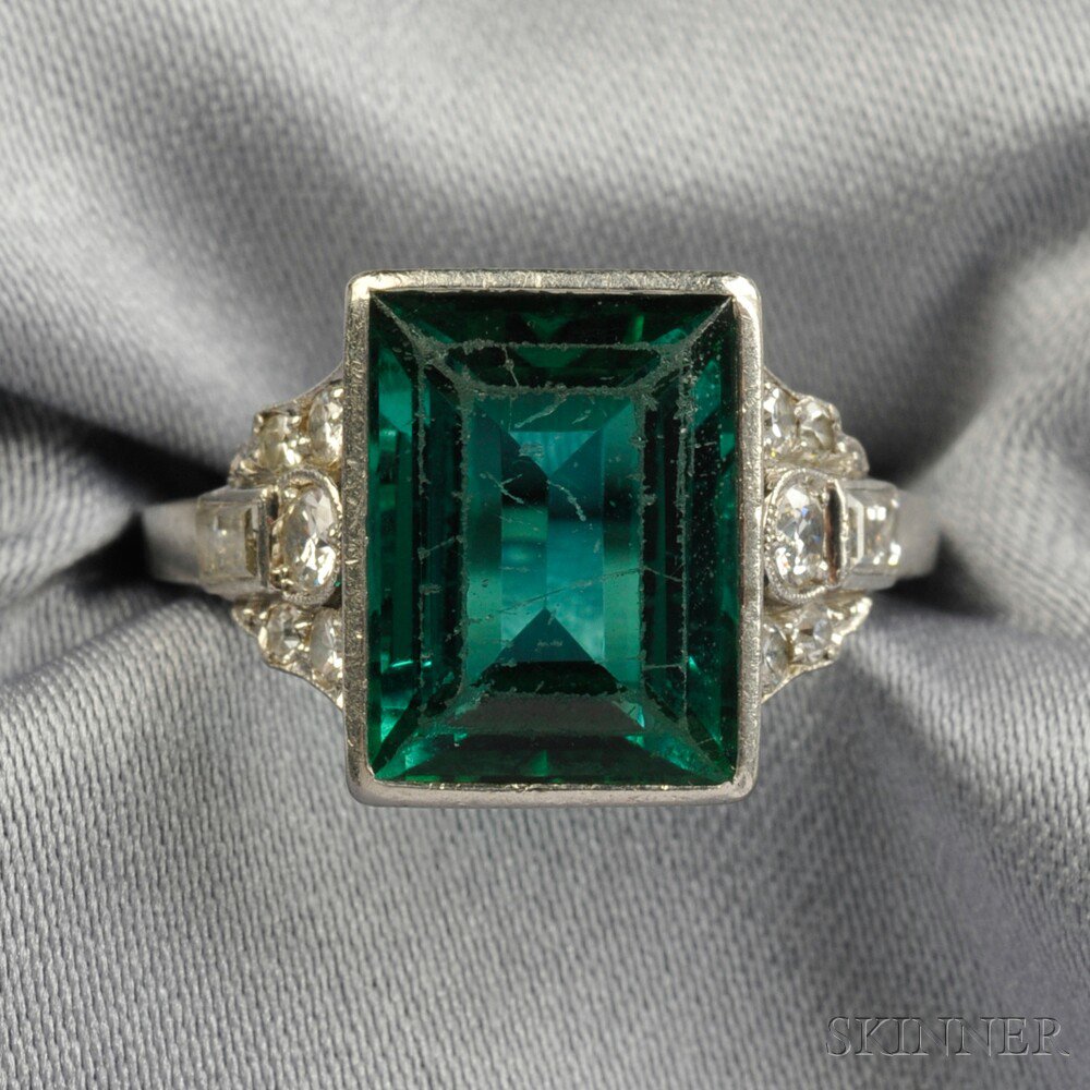 Appraisal: Art Deco Platinum Tourmaline and Diamond Ring bezel-set with a