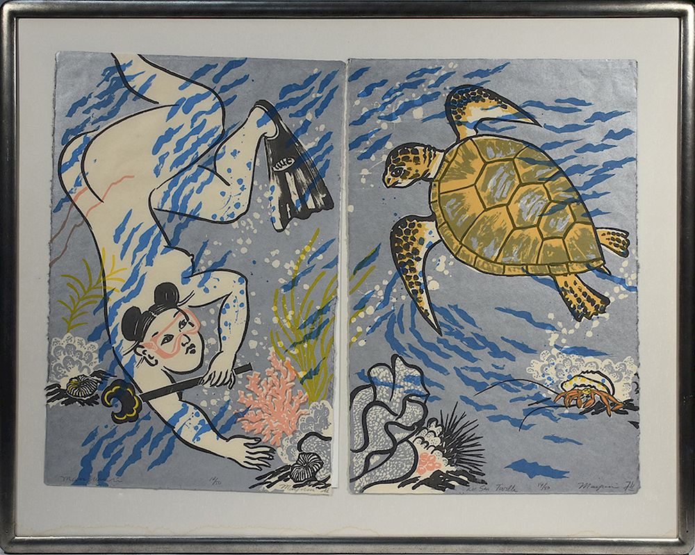 Appraisal: Mayumi Oda Japanese woodblock diptych Sea Turtle Mayumi Oda Japanese