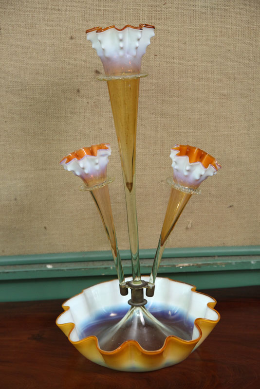 Appraisal: ART GLASS EPERGNE Opalescent orange and white with ruffled rims