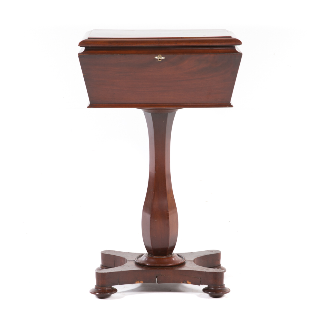 Appraisal: William IV mahogany teapoy circa sarcophagus-form tea caddy on paneled