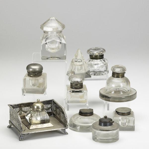 Appraisal: TEN ASSORTED INKWELLS Grouping includes silver plated inkstand and nine