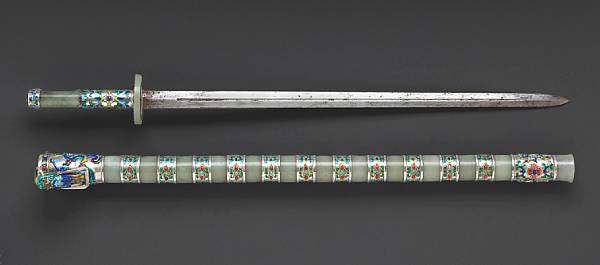 Appraisal: A jade and silver-mounted sword set with enameled details th