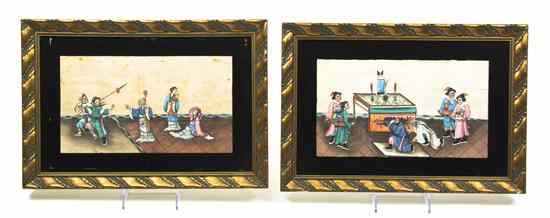 Appraisal: Two Chinese Paintings on Pith depicting figures in an interior