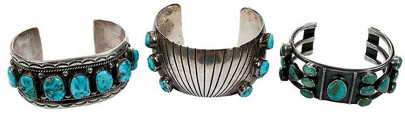 Appraisal: Three Southwest Silver Turquoise Bracelets cuff bracelets each with irregular