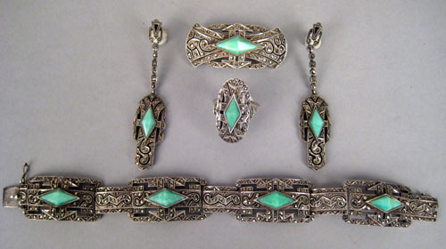 Appraisal: Art Deco jade marcasite and silver jewelry set comprising earrings