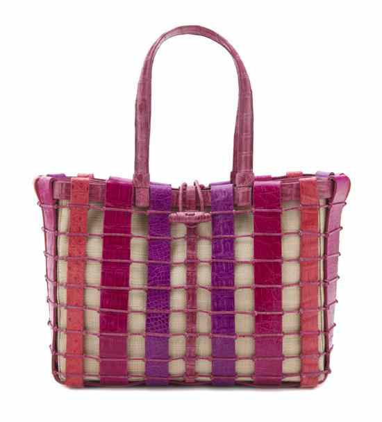 Appraisal: A Nancy Gonzalez Bright Pink Crocodile Woven Bag natural linen