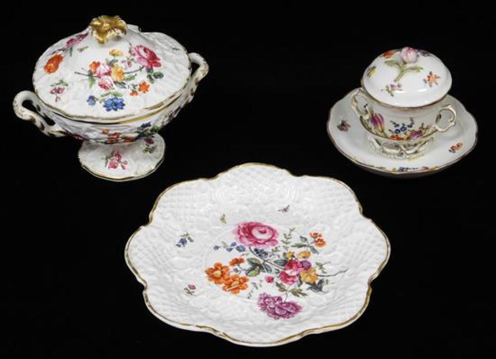 Appraisal: Porcelain servingware three pieces all with vibrant hand-painted floral decoration