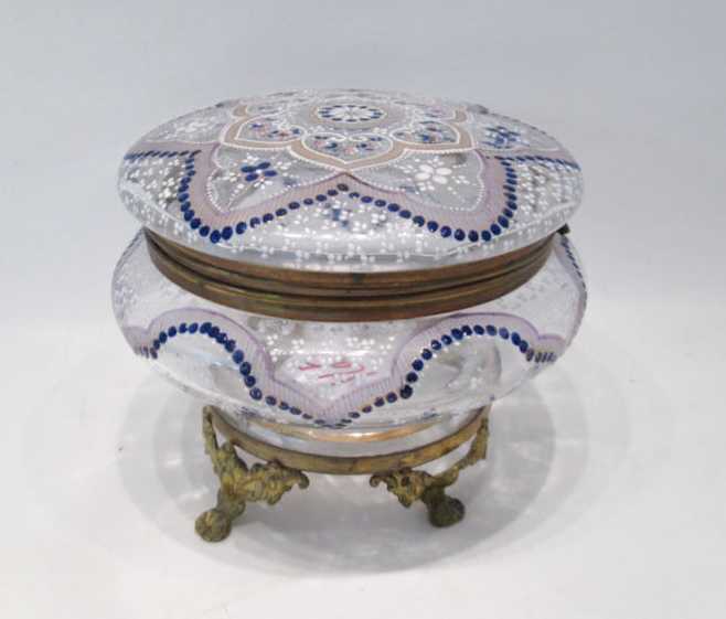 Appraisal: ROUND ENAMELED GLASS VANITY BOX having clear glass with colorful