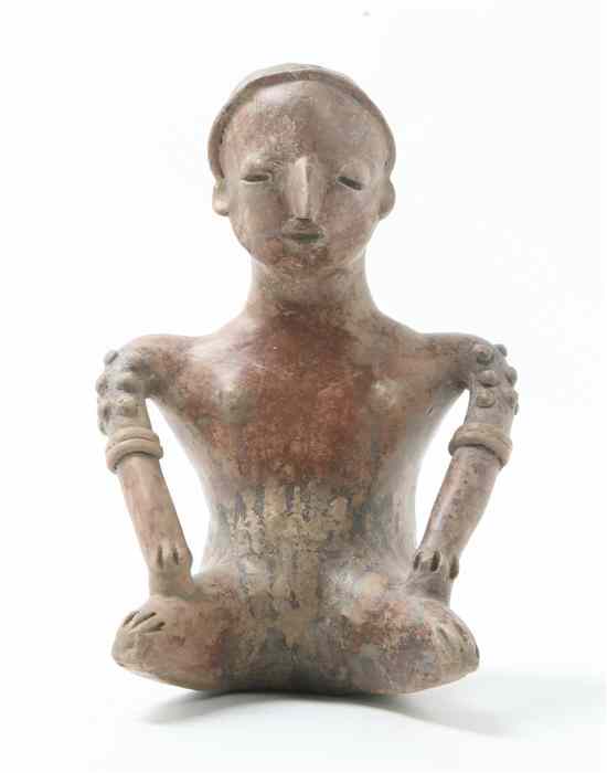 Appraisal: A Nayarit Style Pottery Figure depicted seated with hands at