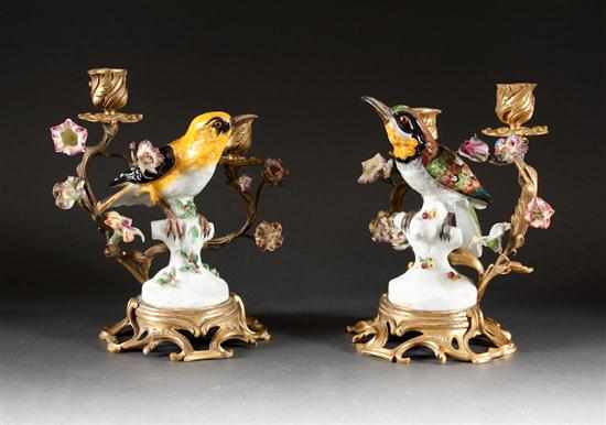 Appraisal: Pair of ormolu two-light candelabra with inset porcelain bird figures