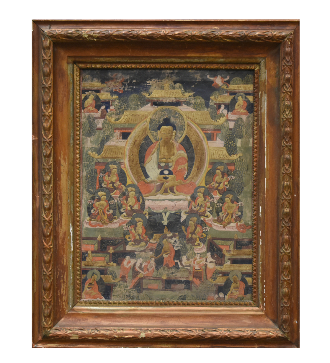 Appraisal: CHINESE FRAMED TANGKA W GILT BODHISATTVAS QING D An aged