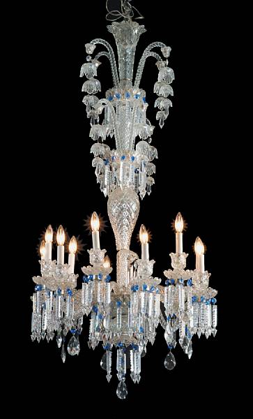 Appraisal: A Venetian clear and blue glass eight light chandelier The