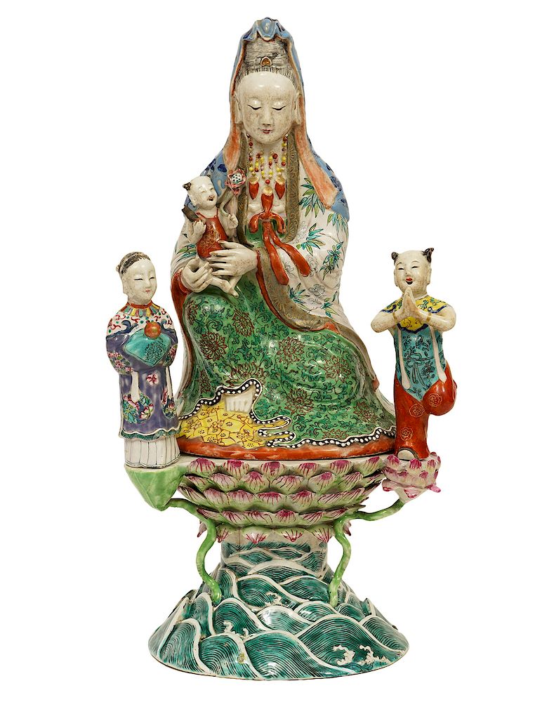 Appraisal: Chinese Famille Rose Porcelain Guanyin on Pedestal Possibly Qing Dynasty