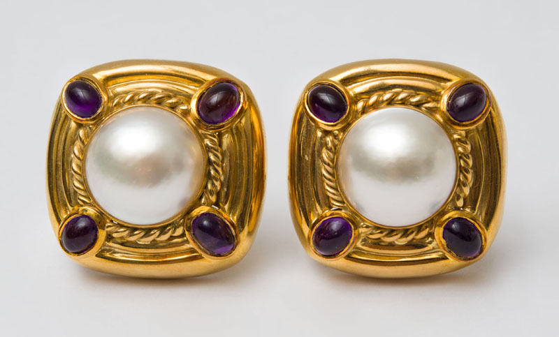 Appraisal: PAIR OF ITALIAN K GOLD MABE PEARL AND AMETHYST EARCLIPS