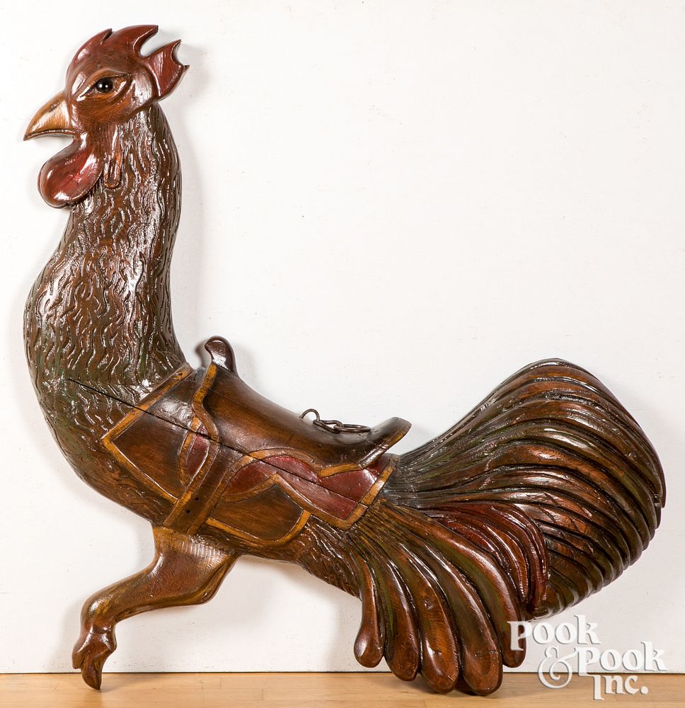 Appraisal: Carved half round carousel rooster Carved half round carousel rooster