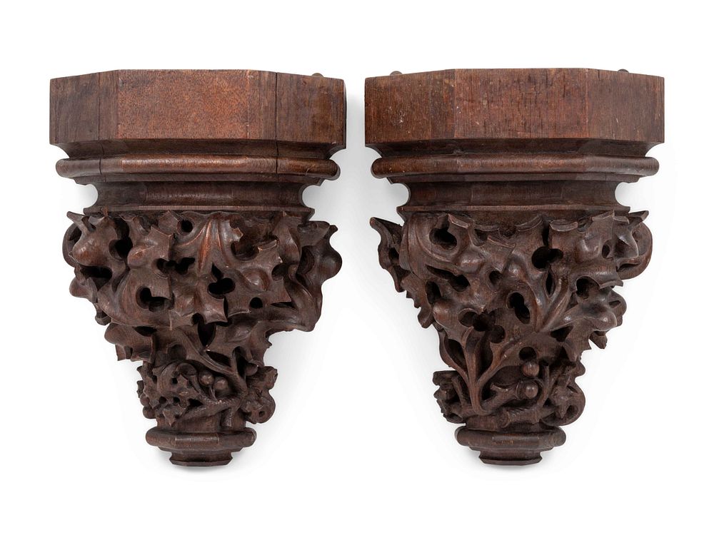 Appraisal: A Pair of Renaissance Revival Carved Oak Wall Brackets A