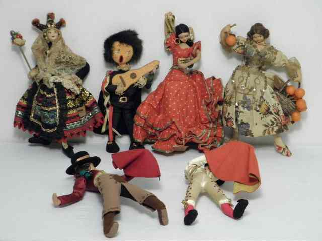 Appraisal: Group lot of five Spanish cloth dolls Includes a Spanish