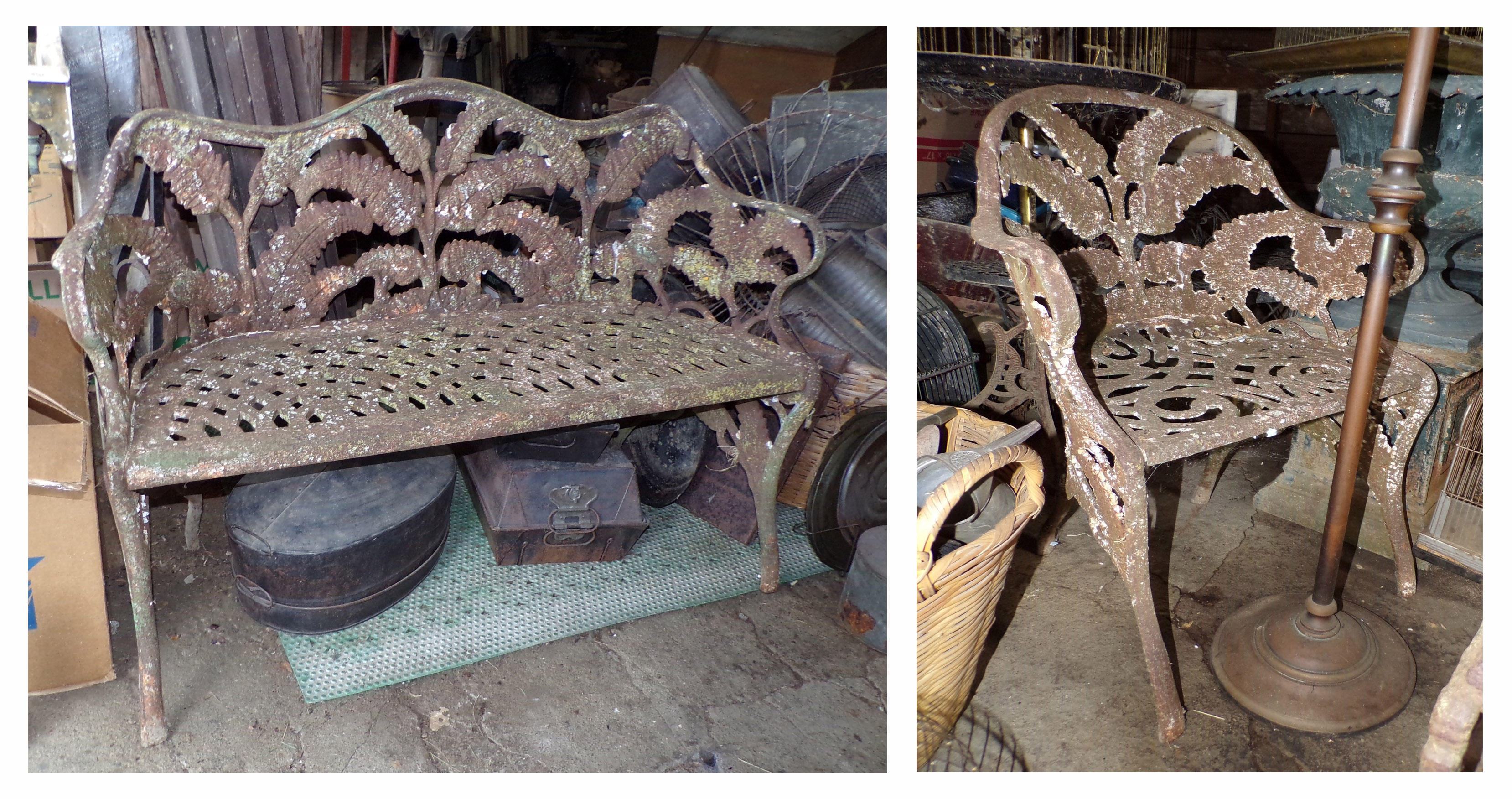 Appraisal: Cast iron garden settee and matching chair fern pattern ''h