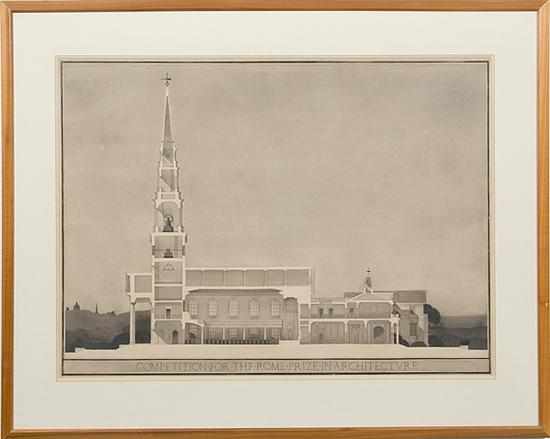 Appraisal: American school th century ARCHITECTURAL DESIGN FOR CHURCH watercolor framed