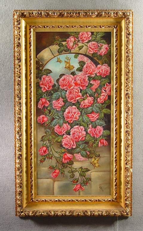 Appraisal: Oil on Canvas Climbing pink cabbage roses and butterflies in