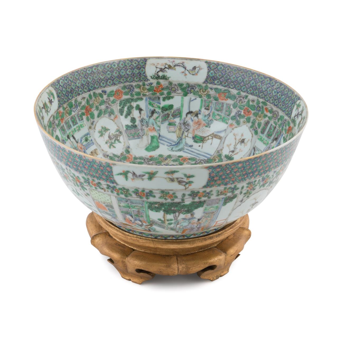 Appraisal: CHINESE FAMILLE VERTE PUNCH BOWL ON STAND Chinese export porcelain