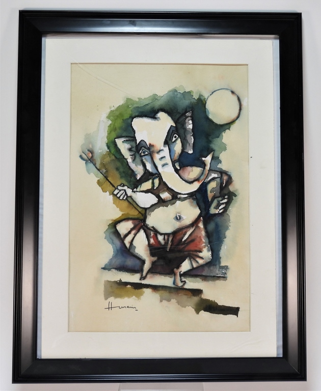 Appraisal: MAQBOOL FIDA HUSAIN GANESHA WC PAINTING India - Depicts a