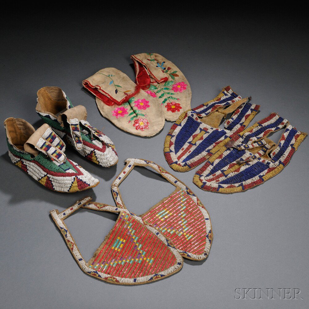 Appraisal: Four Pairs of Plains Moccasin Fragments three pairs lacking the