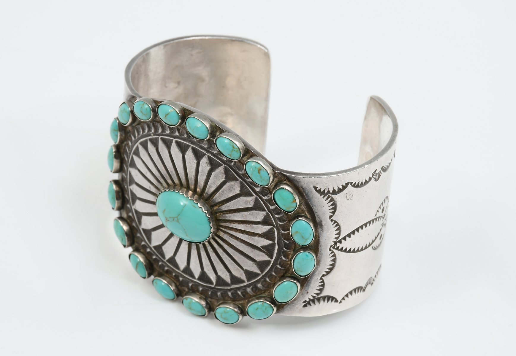 Appraisal: SIGNED NATIVE AMERICAN TURQUOISE STERLING CUFF BRACELET Central blue green