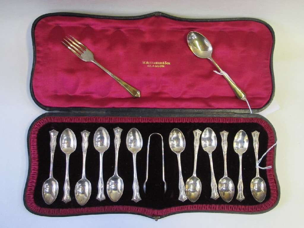 Appraisal: Lot comprising cased set of twelve silver spoons with tongs