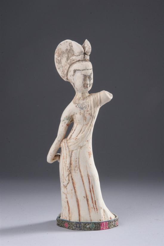 Appraisal: CHINESE POLYCHROME POTTERY FIGURE OF DANCER Tang Dynasty - in