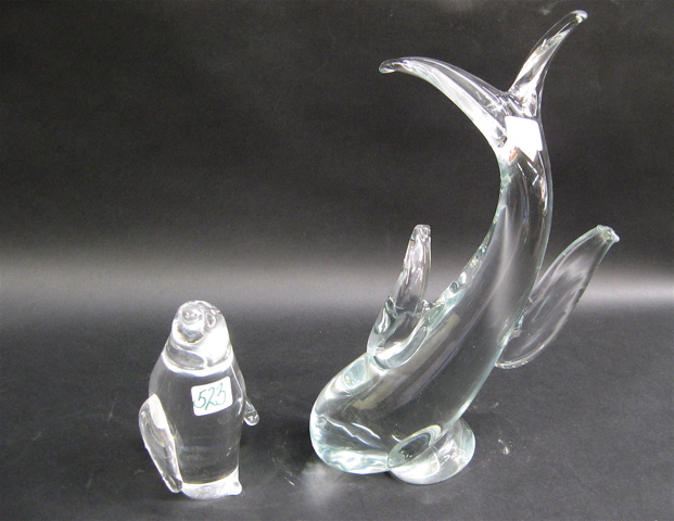 Appraisal: TWO CLEAR GLASS ART SCULPTURES Steuben Penguin signed underfoot H